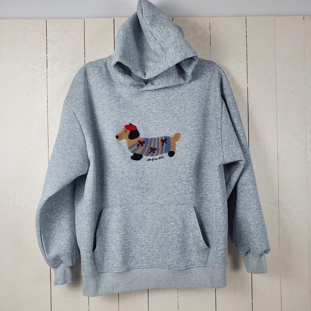 Delfino Edie Grey Heather Hoodie Chenille Embroidered Dachshund Dog Pullover